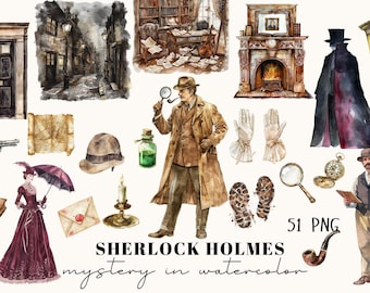 Sherlock Holmes Watercolor Clipart | Victorian Detective Printable Art | Mystery Illustration Set | Digital Download