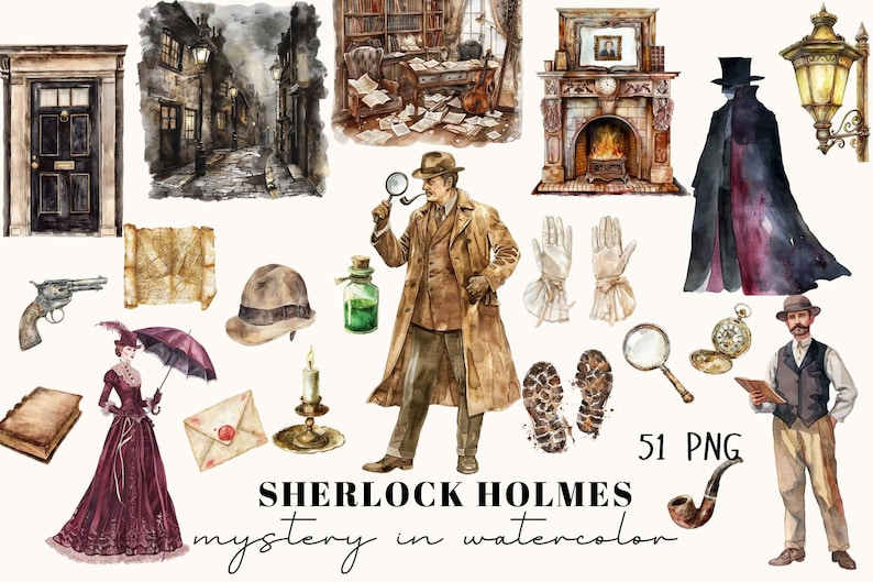 May include: Watercolor illustrations featuring a Sherlock Holmes theme. Includes images of a detective, a street scene, a fireplace, a pistol, a hat, a magnifying glass, a pocket watch, and other related items. The text "SHERLOCK HOLMES mystery in watercolor" is also present.