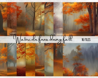 Fall Forest Watercolor Backgrounds, Autumn Forest