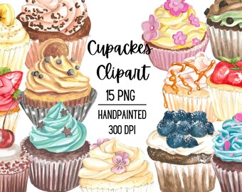 Watercolor Cupcakes Clipart, Muffins Clipart, Sweet Watercolor Dessert, Cute Cupcakes