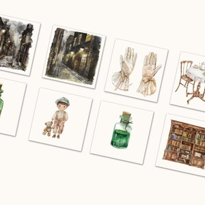 May include: Watercolor illustrations of various vintage-themed items. Includes images of a cobblestone street, a pair of gloves, a table setting, a boy with a teddy bear, a green potion bottle, and a bookshelf.
