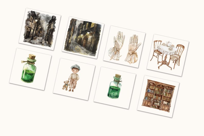 May include: Watercolor illustrations of various vintage-themed items. Includes images of a cobblestone street, a pair of gloves, a table setting, a boy with a teddy bear, a green potion bottle, and a bookshelf.