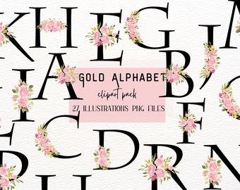 Black Letters With Watercolor Peonies, Gold Foil Letter, Golden Monogram Floral Letters