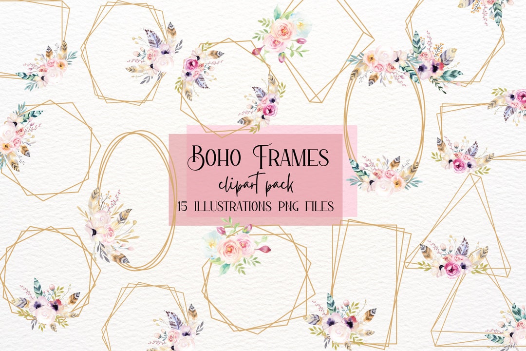 Watercolor Floral Frames: Geometric Wedding Clipart (PNG) - Etsy