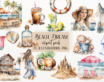 Watercolor Beach Clipart: Summer, Ocean, Seashells (Digital Download)