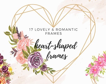 Heart Shaped Watercolor Flowers Frames, Geometric Gold Frames