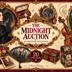 Puede incluir: Una colección digital titulada The Midnight Auction con ilustraciones en acuarela de una persona con vestido negro, una cámara vintage, un violín, un baúl de viaje con pegatinas, un abanico, un reloj de bolsillo, una llave y un espejo.