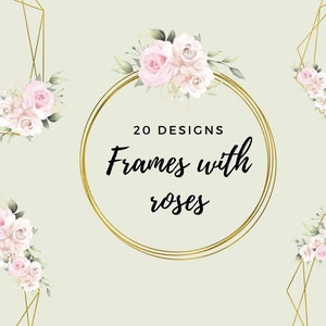Rosa Blumen & Romantische geometrische Rahmen, Rahmen mit zarten Blumen, Hochzeit romantische Rahmen, Aquarell Blumen und geometrische Rahmen