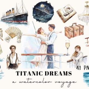 Pacchetto Clipart del Titanic / Illustrazioni ad acquerello di transatlantici d'epoca / Effimeri marittimi storici / Personaggi e oggetti di scena edoardiani