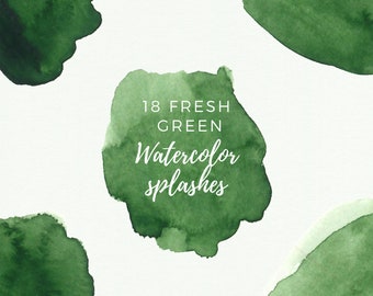 May include: A collection of green watercolor splashes on a white background. The image includes the text "18 FRESH GREEN Watercolor splashes" in a handwritten style font. The splashes vary in shape and intensity of the green color.