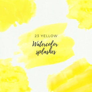 May include: Bright yellow watercolor splashes on a white background. The image includes the text "23 YELLOW Watercolor splashes" in black cursive font. The yellow paint appears in irregular shapes.