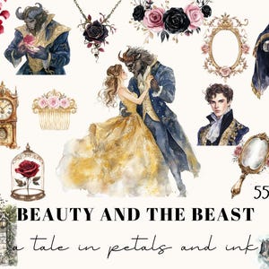 Set di clipart de La Bella e la Bestia - 55 PNG acquerellati, illustrazioni di fiabe gotiche incantate, rosa, castello, Belle, Bestia, trasparenti