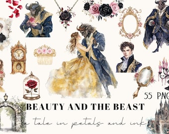 Può includere: Illustrazioni ad acquerello con personaggi ed elementi de La Bella e la Bestia. Include la Bestia, Belle, un orologio, una rosa in una cupola di vetro e il testo "Beauty and the Beast: a tale in petals and ink".