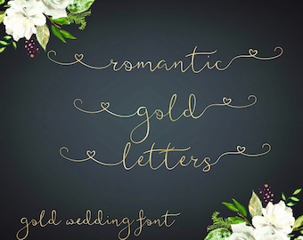 Gold Foil Alphabet Clipart, Romantic Letters with Hearts (PNG Digital Download)