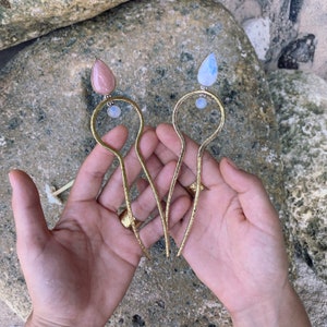 Mermaid Brass Hair Fork with Rainbow Moonstone – Handmade Hair Pin for Buns & Updos