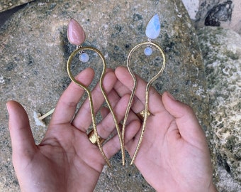 Mermaid Brass Hair Fork with Rainbow Moonstone – Handmade Hair Pin for Buns & Updos