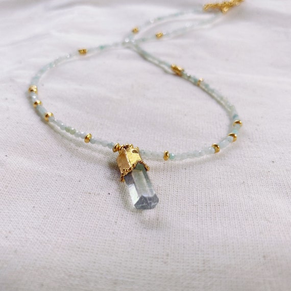 Collar Minimalista Con Piedra Aguamarina Natural - Bañado En Oro 18k - Cadena Ajustable, Diseño Boho