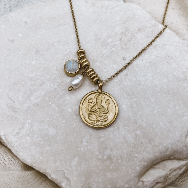 Hindu Ganesha pendant with a dainty moonstone and pearl