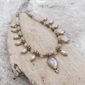 One-of-a-Kind Queen Necklace with Rainbow Moonstone Fresh Water Pearls and Crystal Beads - 17 Inch Length Nickel-Free Brass Findings
