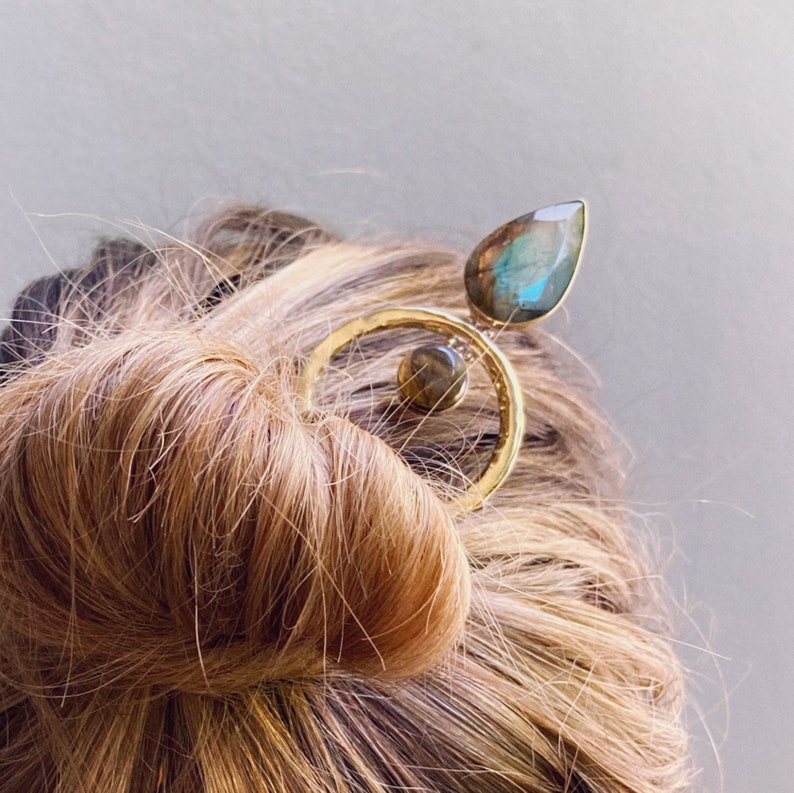 Mermaid Brass Metal Hair Fork Hair Pin with Blue and green Labradorite image 8
