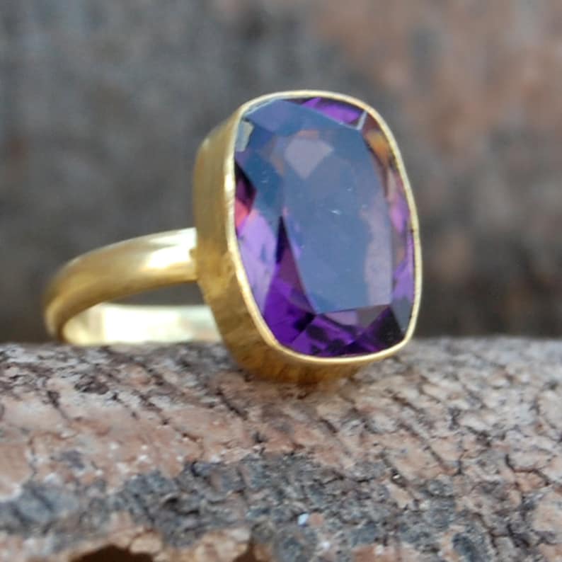 Amethyst Ring Green Amethyst 14K Yellow Gold Plated Ring Jewelry Cushion Faceted Purple Amethyst sterling silver ring
