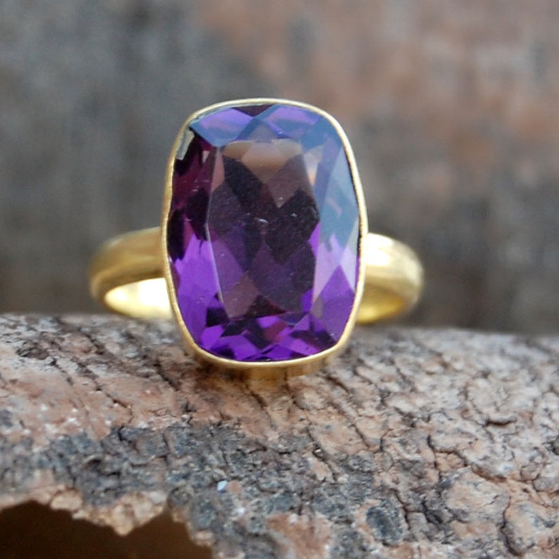 Amethyst Ring Green Amethyst 14K Yellow Gold Plated Ring Jewelry Cushion Faceted Purple Amethyst sterling silver ring