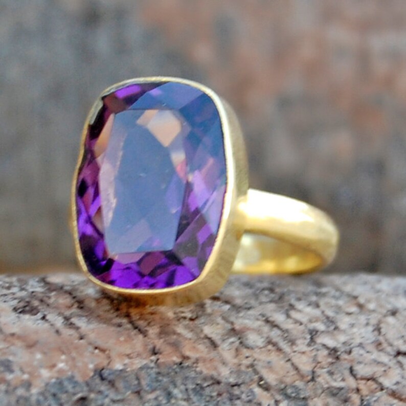 Amethyst Ring Green Amethyst 14K Yellow Gold Plated Ring Jewelry Cushion Faceted Purple Amethyst sterling silver ring