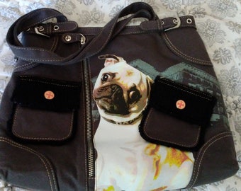Fuzzy Nation Plush lined purse. Pug photo embellishment.