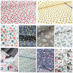 May include: A collection of various patterned fabrics. Designs include red cherries on white, yellow pineapples on cream, fruits on white, lemons on navy, gray oak leaves, blue floral, nautical, pink floral, blue floral, and rose floral.