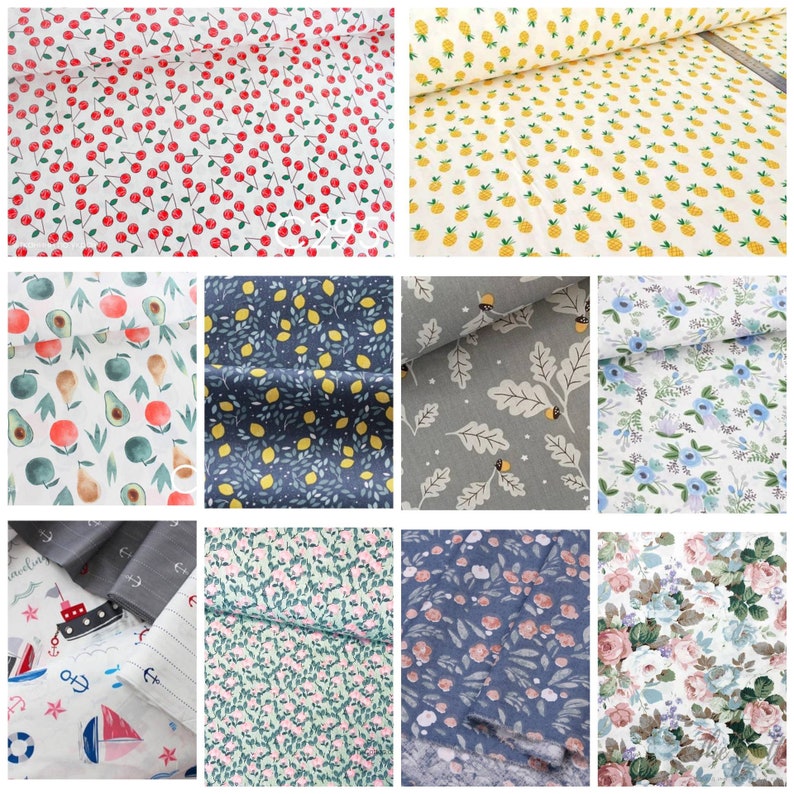 May include: A collection of various patterned fabrics. Designs include red cherries on white, yellow pineapples on cream, fruits on white, lemons on navy, gray oak leaves, blue floral, nautical, pink floral, blue floral, and rose floral.