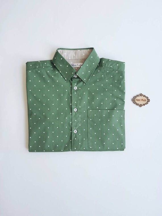 green polka dot dress shirt Men's Green Polka Short Sleeve Printed Shirt