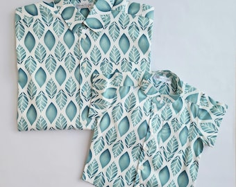 Matching Dad and Son Shirts: Handmade Cotton Leaf Print Outfit Father’s Day Gift As Daddy as Me