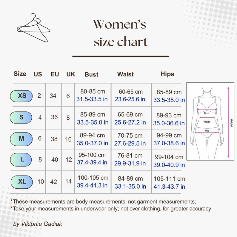 May include: A women's size chart with measurements in inches and centimeters. The chart includes sizes XS to XL, with bust, waist, and hip measurements. The text at the top reads "Women's size chart."