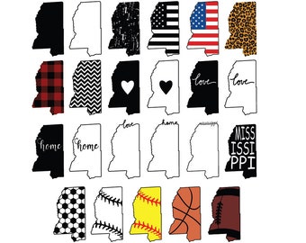 May include: A set of 18 Mississippi state outline SVG cut files. The outlines are filled with various patterns, including plaid, chevron, leopard print, hearts, and the words "home", "love", and "Mississippi".