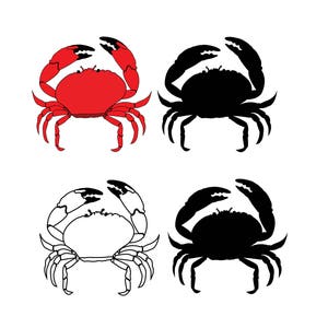 Puede incluir: Cuatro ilustraciones de cangrejos en diferentes estilos. Uno es rojo, otro es negro, uno es blanco y otro es negro con contorno blanco.