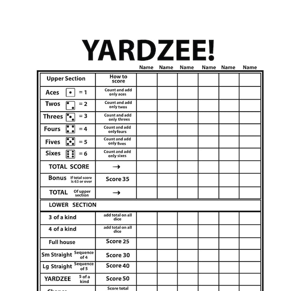 YARDZEE SCORE CARD Svg, Yardzee scorecard svg files, Yardzee multi-player score sheet