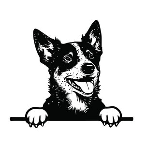 May include: Black and white illustration of a dog with its paws resting on a horizontal bar. The dog has a happy expression with its tongue sticking out. The dog's fur has a speckled pattern.