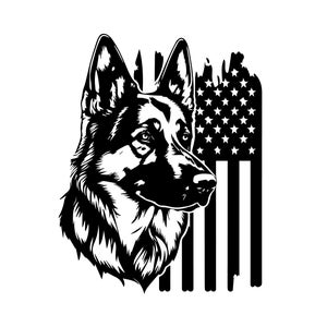 May include: Black and white silhouette of a German Shepherd dog's head with a distressed American flag behind it.