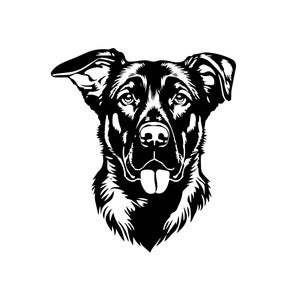 Op de afbeelding: Zwart-witte illustratie van een hondenkop. De hond heeft een korte, gladde vacht en een lange, puntige snuit. De tong van de hond steekt uit.