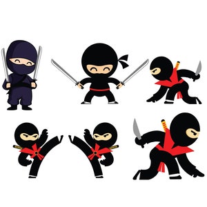 May include: A set of cartoon ninja characters in action poses. The ninjas are dressed in black and red, some with swords and knives. One ninja is in dark blue. All are set against a white background.