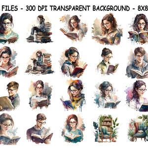 BOOKWORM READING ACQUERELLO Clipart Png, Angolo di lettura Clipart Png, Amanti dei libri Clipart, Ragazza che legge un libro Png