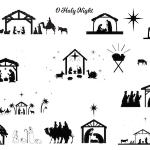 May include: Black and white silhouette illustrations of the nativity scene, including a manger, a star, a donkey, a camel, and a shepherd. The text "O Holy Night" is at the top of the image.