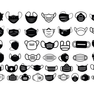 Op de afbeelding: Een grafische illustratie van verschillende zwart-witte gezichtsmaskerontwerpen. De maskers variëren in vorm en stijl, inclusief die met oorlussen en voorgevormde ontwerpen. De afbeelding toont beschermende gezichtsbedekkingen.