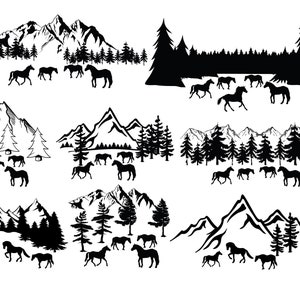 May include: Black and white illustrations of horses in a mountain and forest landscape. The images depict various scenes with horses, trees, and mountain ranges. The style is minimalist, with solid black silhouettes against a white background.