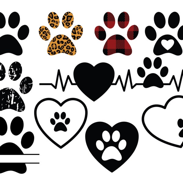 DOG PAW SVG, Dog paw heart svg, Leopard pattern dog paw, Distressed dog paw svg, Plaid dog paw