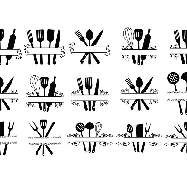 KÜCHENUTENSILIEN SVG, Kochen SVG, Küche Monogramm SVG, Küche Split Frame