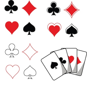 May include: A set of playing card symbols in black and red. The symbols include hearts, diamonds, clubs, and spades. There are also four playing cards with the ace of hearts, diamonds, clubs, and spades.