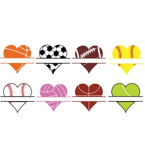 SPLIT SPORT BALL Hearts, Football, Soccer, Softball, Basketball, Volleyball, Baseball, Tennis, Svg Cutting Files, Svg Files, Digital Clipart