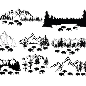 May include: Black and white illustrations of mountain ranges, pine trees, and bison. The designs vary in style, with some featuring detailed mountain peaks and others using silhouettes. The bison are depicted in a herd, adding a sense of wildlife.