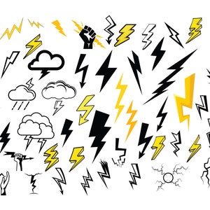 May include: A collection of black and yellow lightning bolt illustrations. The illustrations are in various styles and sizes. Some of the illustrations include clouds and a fist.